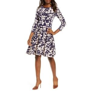 Eliza J Navy and Pink Floral Fit and Flare Knit Sweater Dress Sz S